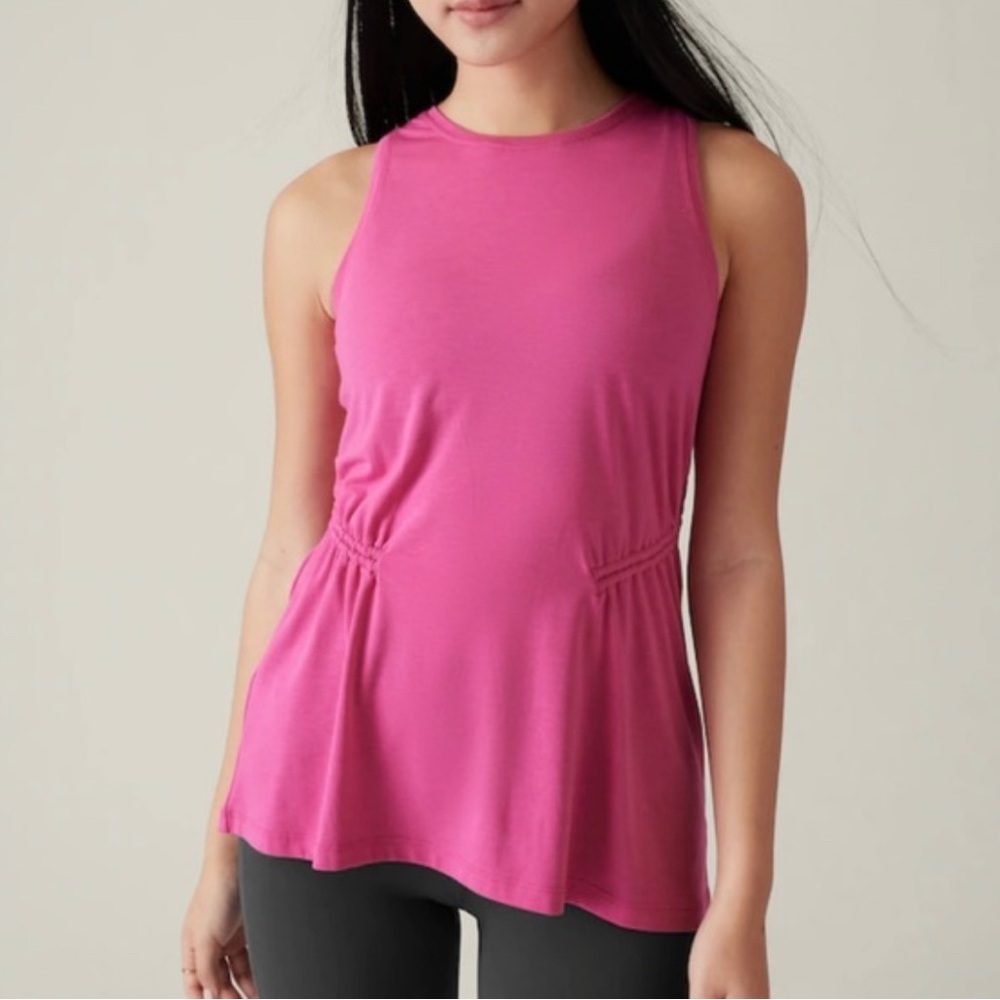 Athleta Air Out Cinch Tank Tunic Top Hot Pink Crew Neck Women M Sleeveless Ruche